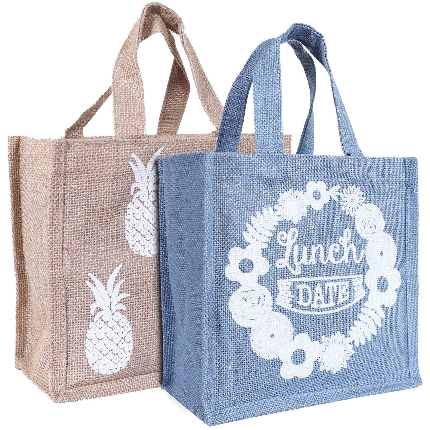 Kuber Industries Lunch Bag|Reusable Jute Fabric Tote Bag|Durable & Attractive Print Tiffin Carry Hand bag with Handle For office,School,Gift,Pack of 2 (Gray & Brown)