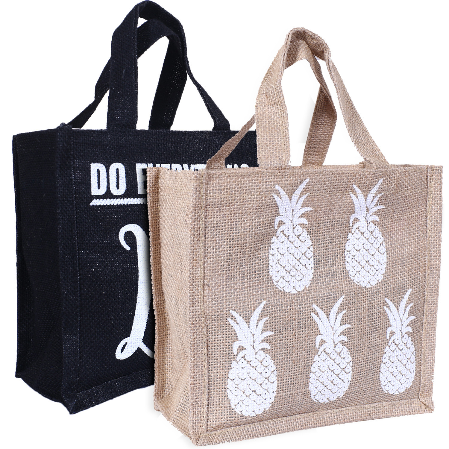 Kuber Industries Lunch Bag|Reusable Jute Fabric Tote Bag|Durable & Attractive Print Tiffin Carry Hand bag with Handle For office,School,Gift,Pack of 2 (Black & Brown)