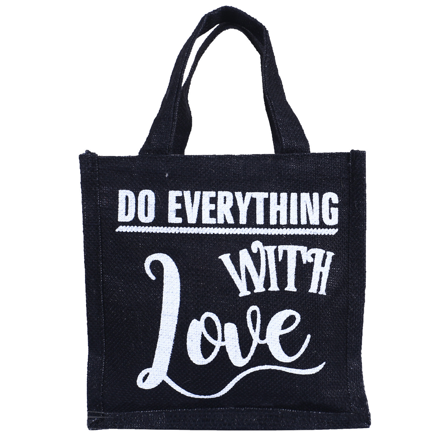Kuber Industries Lunch Bag|Reusable Jute Fabric Tote Bag|Durable & Attractive Print Tiffin Carry Hand bag with Handle For office,School,Gift,Pack of 2 (Black & Brown)