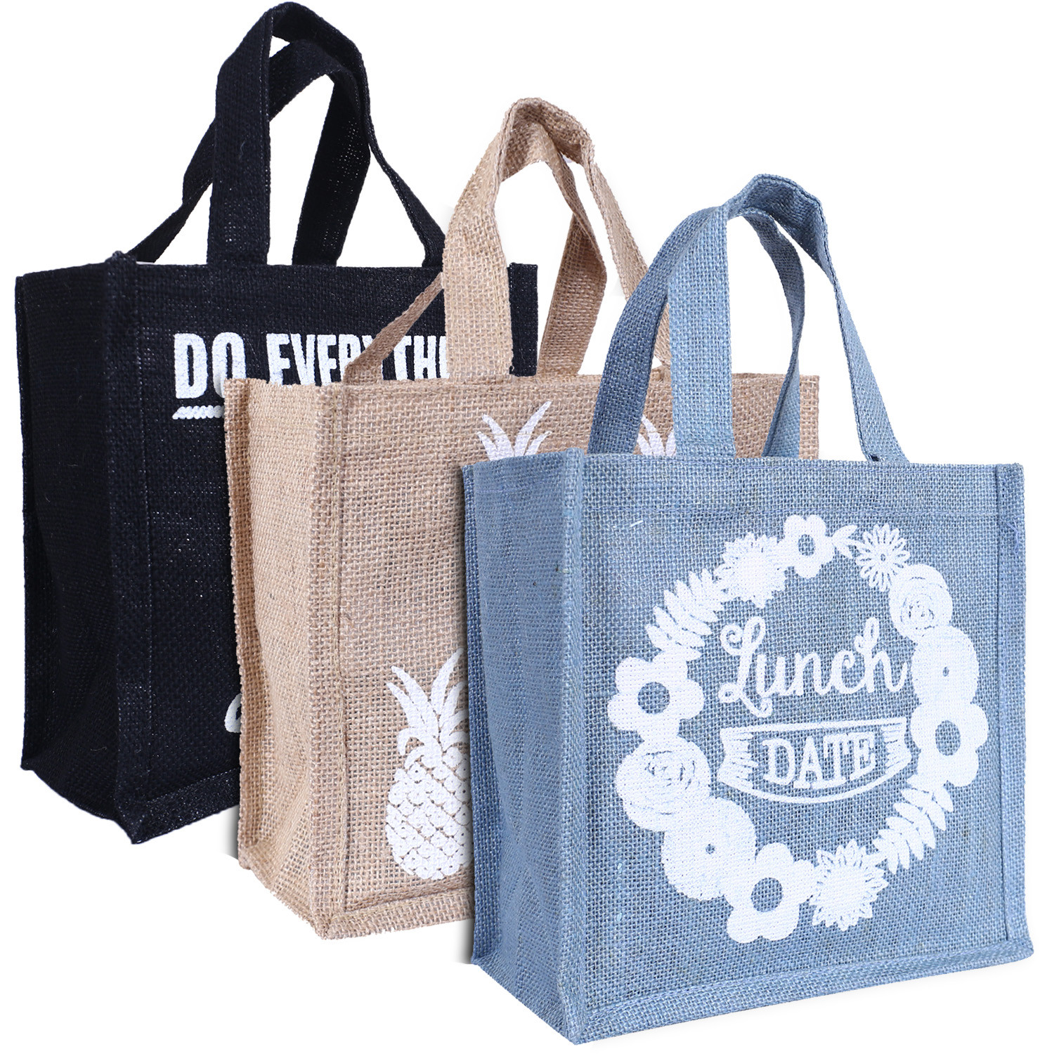 Kuber Industries Lunch Bag|Reusable Jute Fabric Tote Bag|Durable & Attractive Print Tiffin Carry Hand bag with Handle For office,School,Gift,Pack of 3 (Multicolor)