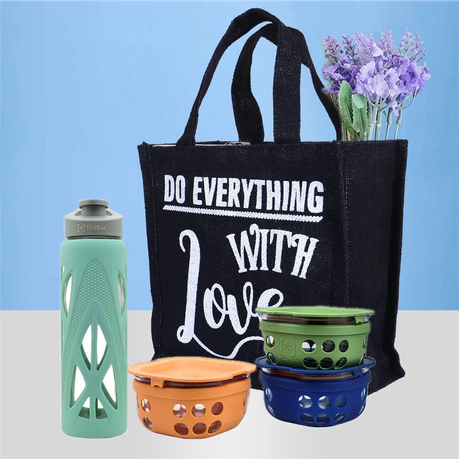 Kuber Industries Lunch Bag|Reusable Jute Fabric Tote Bag|Durable & Attractive Print Tiffin Carry Hand bag with Handle For office,School,Gift,Pack of 3 (Multicolor)