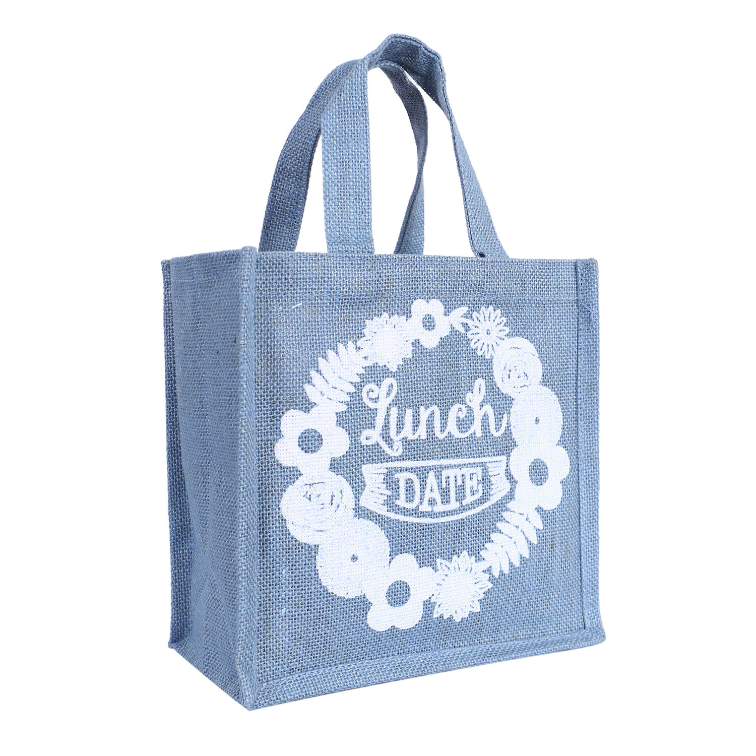 Kuber Industries Lunch Bag|Reusable Jute Fabric Tote Bag|Lunch Date Print Tiffin Carry Hand bag with Handle For office,School,Gift (Gray)