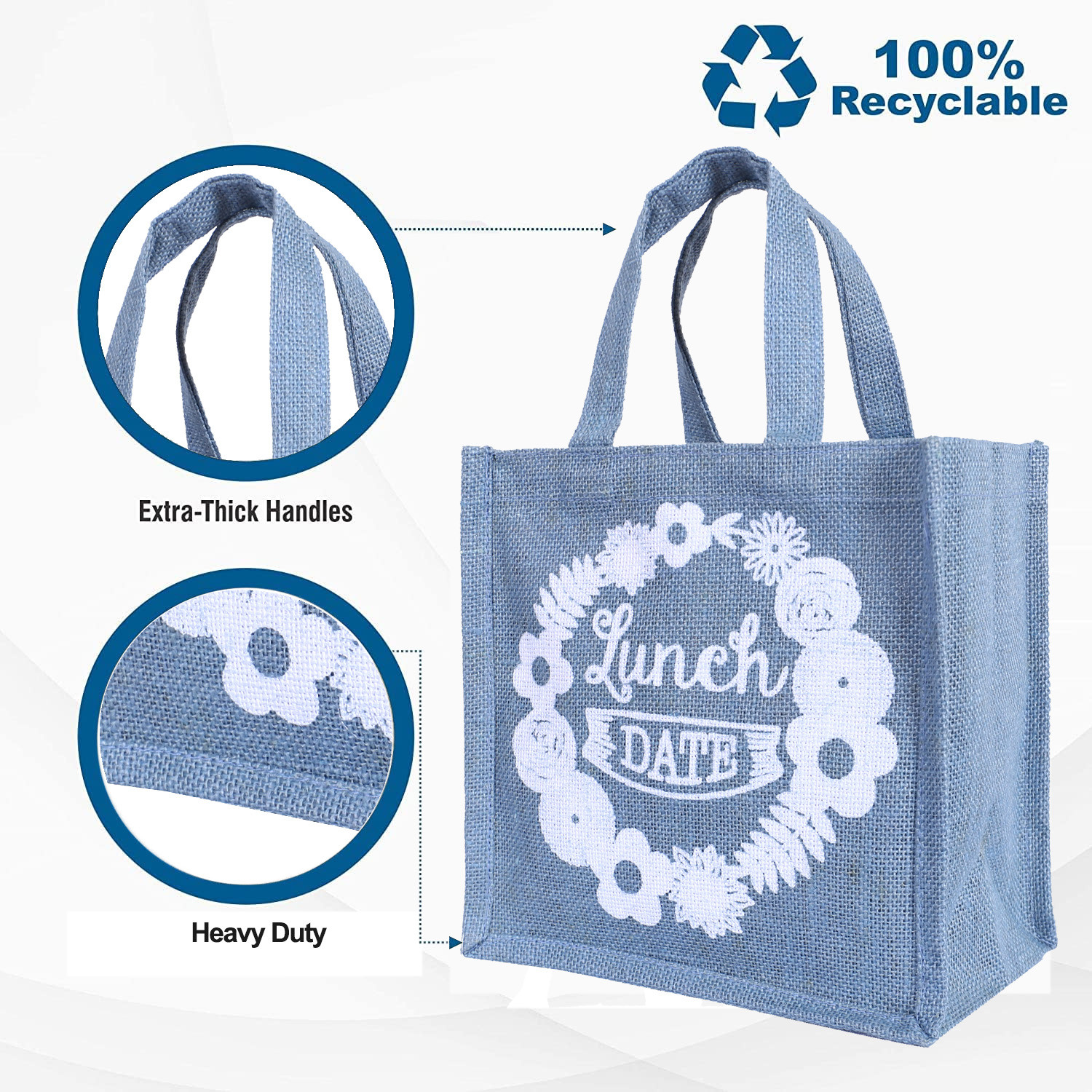 Kuber Industries Lunch Bag|Reusable Jute Fabric Tote Bag|Lunch Date Print Tiffin Carry Hand bag with Handle For office,School,Gift (Gray)