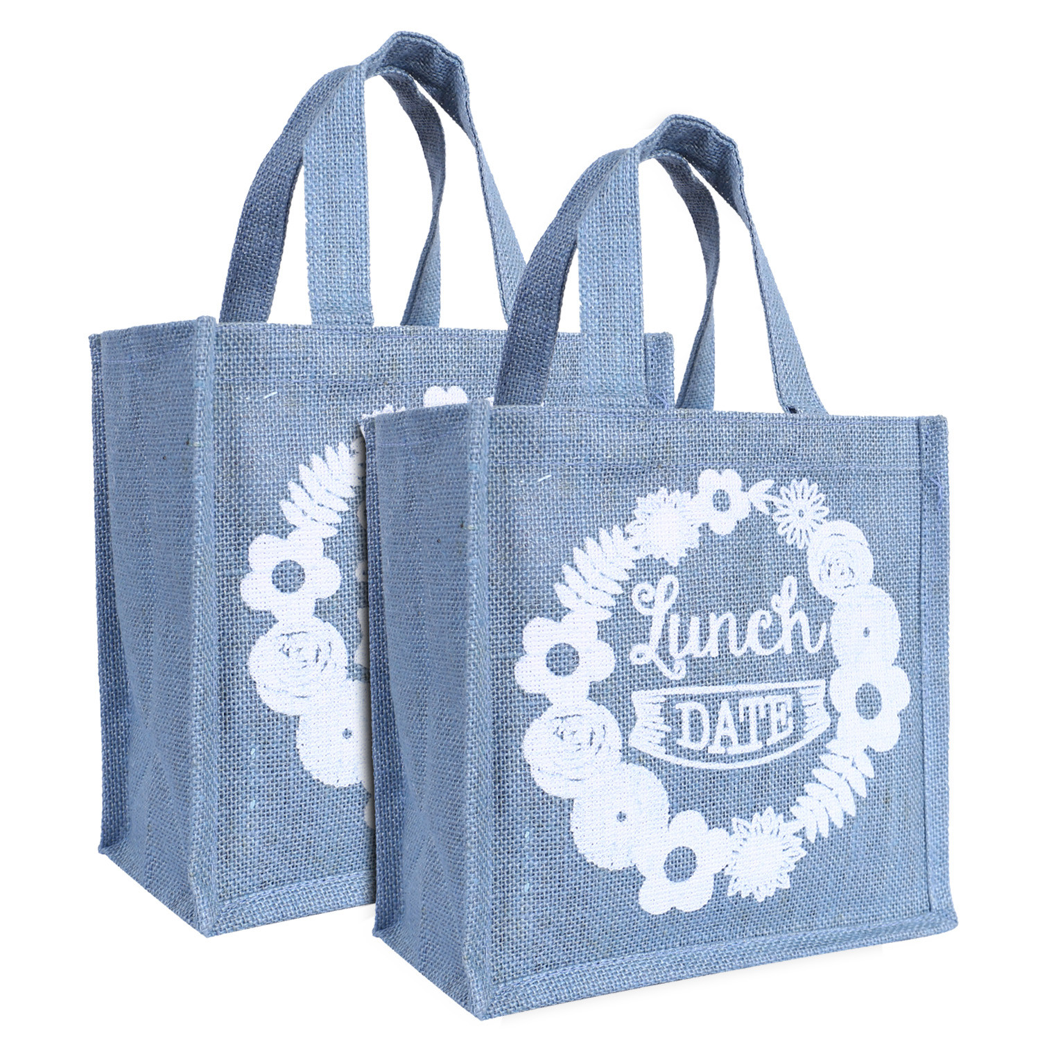 Kuber Industries Lunch Bag|Reusable Jute Fabric Tote Bag|Lunch Date Print Tiffin Carry Hand bag with Handle For office,School,Gift (Gray)