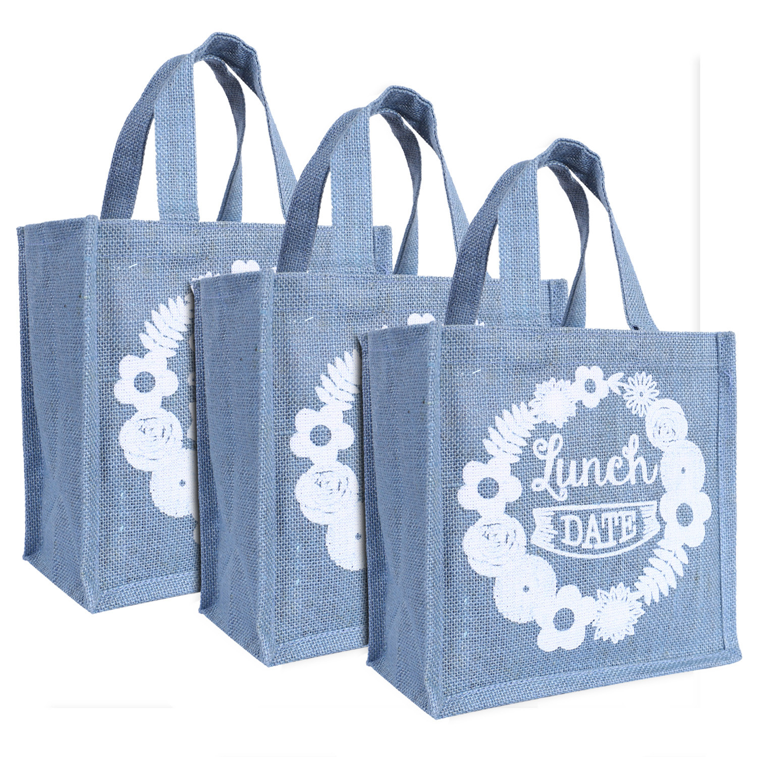 Kuber Industries Lunch Bag|Reusable Jute Fabric Tote Bag|Lunch Date Print Tiffin Carry Hand bag with Handle For office,School,Gift (Gray)