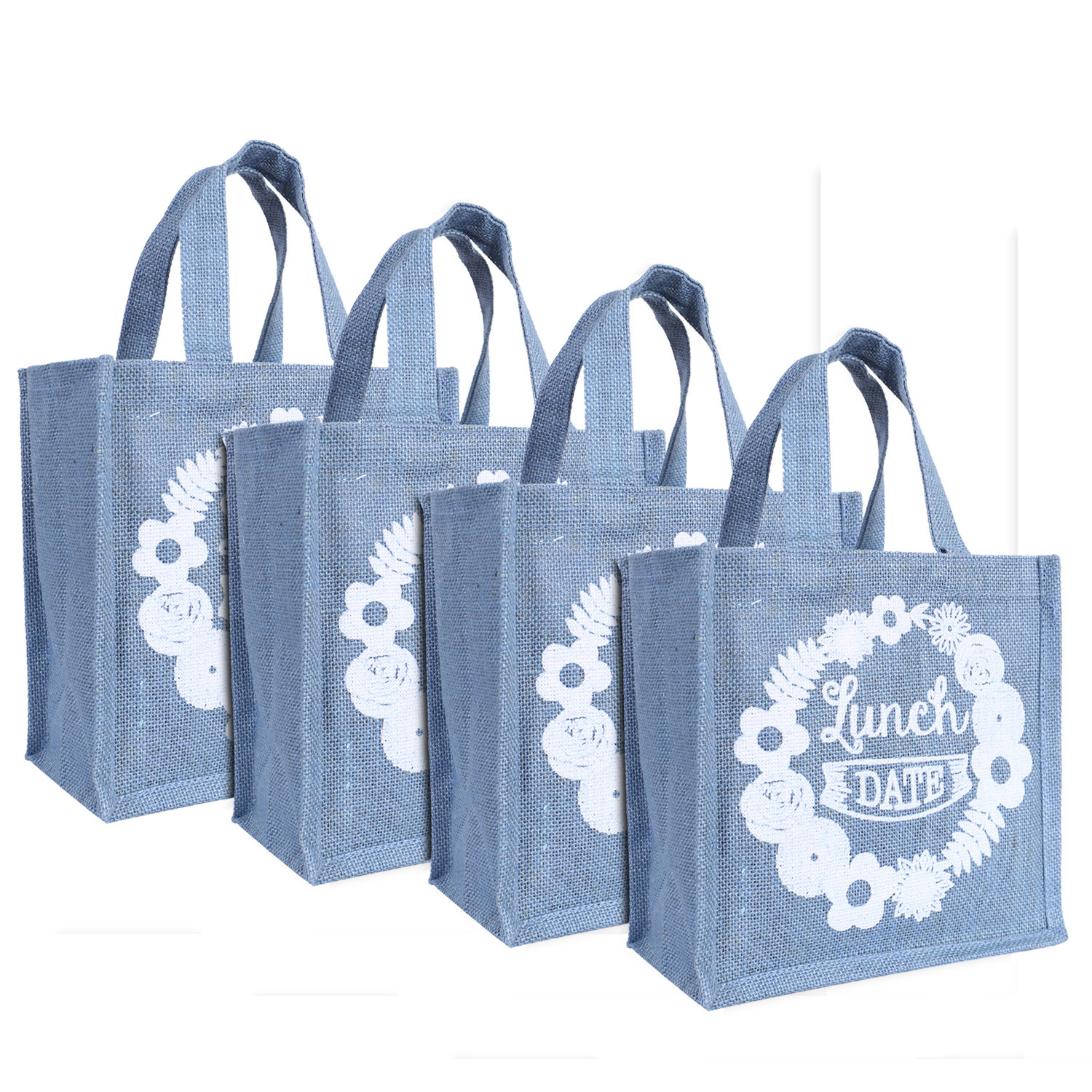 Kuber Industries Lunch Bag|Reusable Jute Fabric Tote Bag|Lunch Date Print Tiffin Carry Hand bag with Handle For office,School,Gift (Gray)