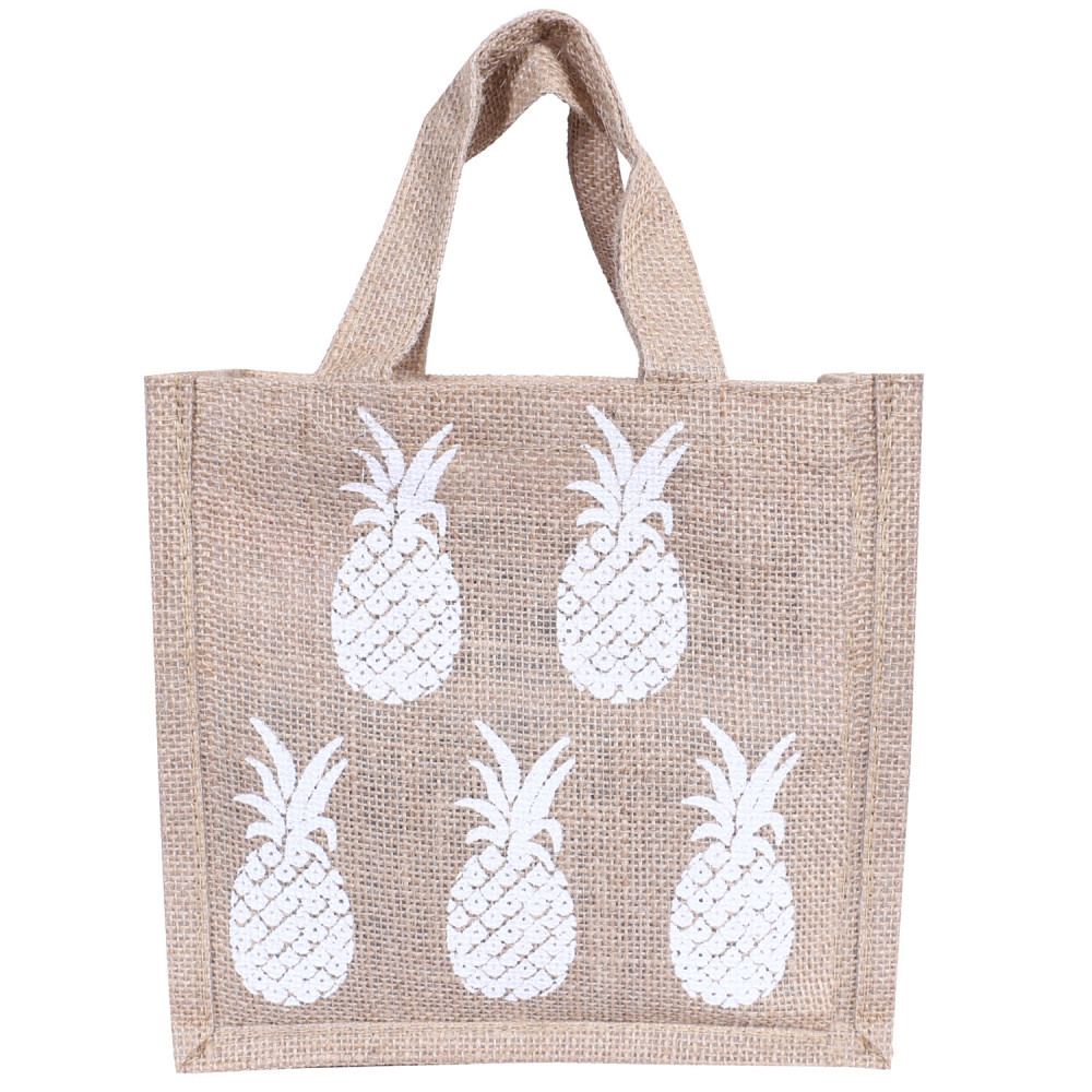Kuber Industries Lunch Bag|Reusable Jute Fabric Tote Bag|Pineapple Print Tiffin Carry Hand bag with Handle For office,School,Gift (Brown)