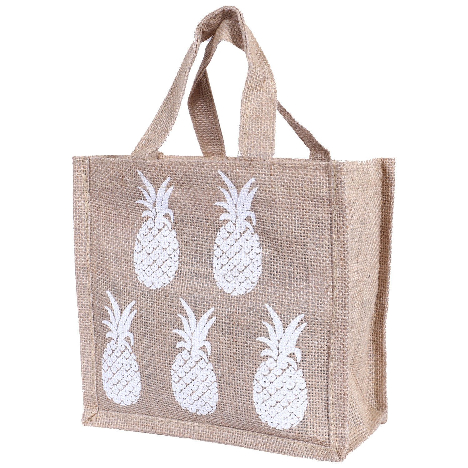 Kuber Industries Lunch Bag|Reusable Jute Fabric Tote Bag|Pineapple Print Tiffin Carry Hand bag with Handle For office,School,Gift (Brown)