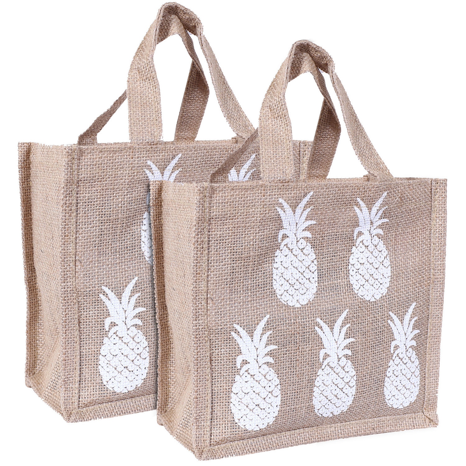 Kuber Industries Lunch Bag|Reusable Jute Fabric Tote Bag|Pineapple Print Tiffin Carry Hand bag with Handle For office,School,Gift (Brown)
