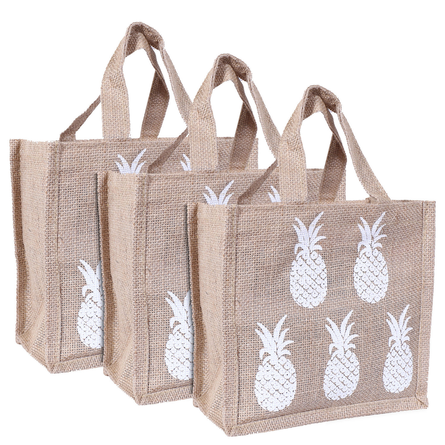 Kuber Industries Lunch Bag|Reusable Jute Fabric Tote Bag|Pineapple Print Tiffin Carry Hand bag with Handle For office,School,Gift (Brown)
