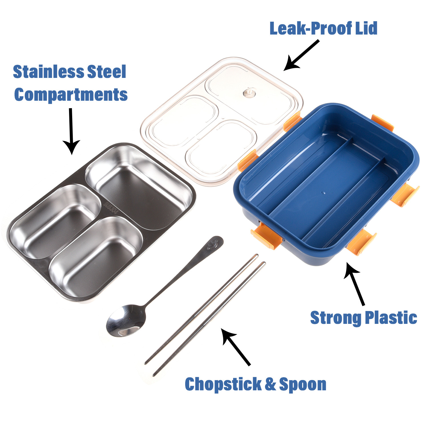 Kuber Industries Lunch Box | Stainless Steel 3 Compartments Lunch Box | Students Lunch Box | Office Lunch Box | Chopstick & Spoon | Leak-Proof Lunch Box | SUS304 | Blue