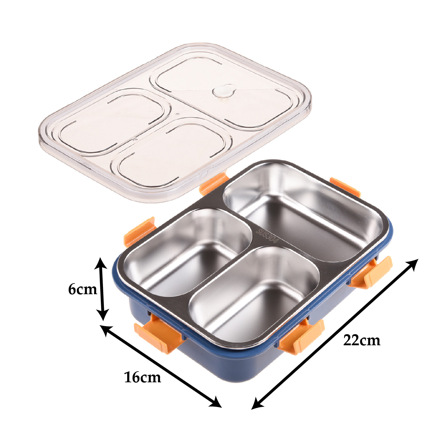 Kuber Industries Lunch Box | Stainless Steel 3 Compartments Lunch Box | Students Lunch Box | Office Lunch Box | Chopstick & Spoon | Leak-Proof Lunch Box | SUS304 | Blue
