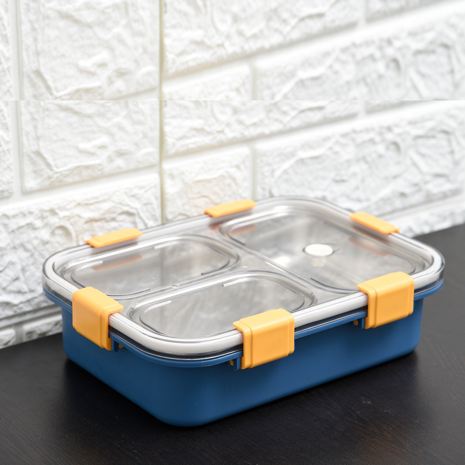 Kuber Industries Lunch Box | Stainless Steel 3 Compartments Lunch Box | Students Lunch Box | Office Lunch Box | Chopstick & Spoon | Leak-Proof Lunch Box | SUS304 | Blue