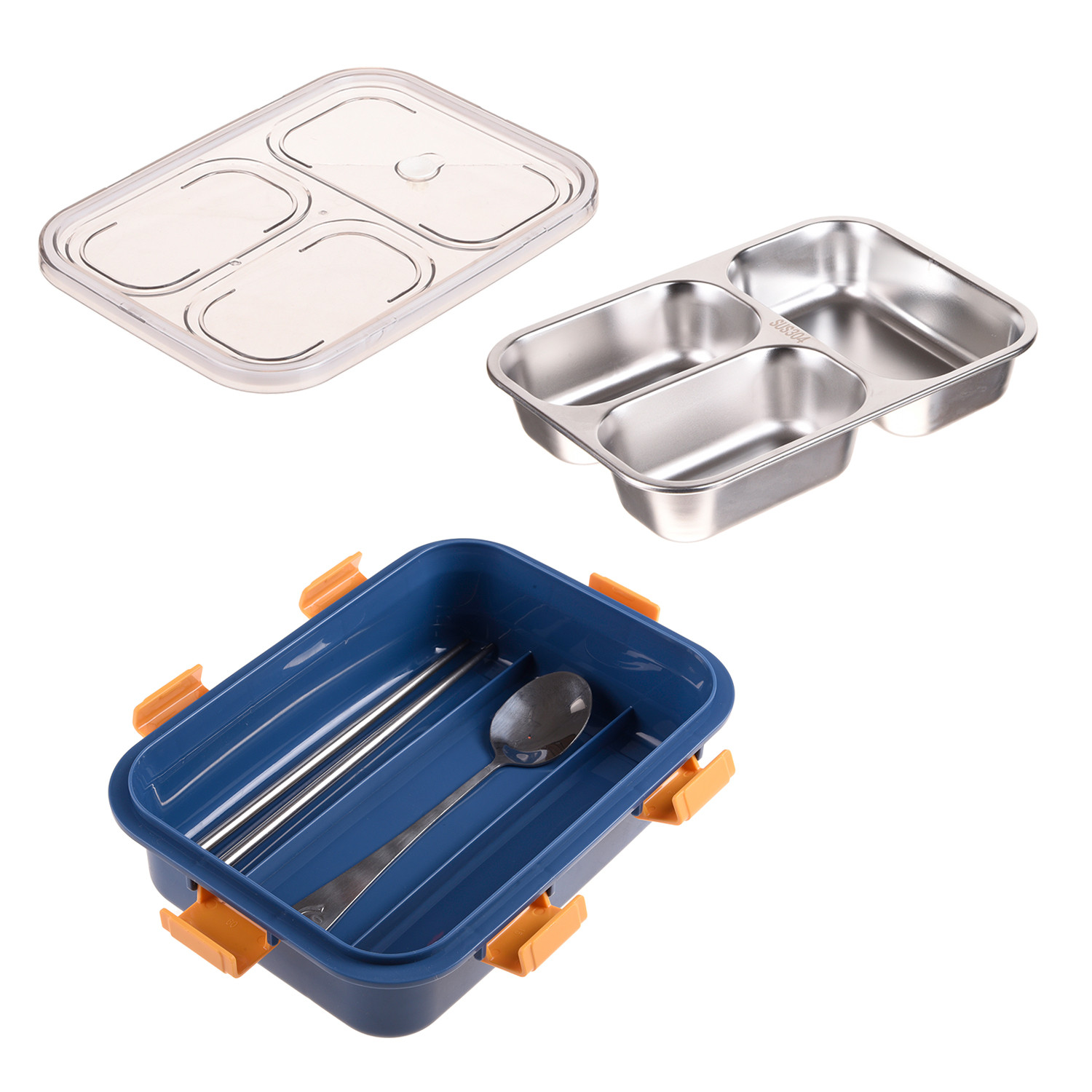 Kuber Industries Lunch Box | Stainless Steel 3 Compartments Lunch Box | Students Lunch Box | Office Lunch Box | Chopstick & Spoon | Leak-Proof Lunch Box | SUS304 | Blue