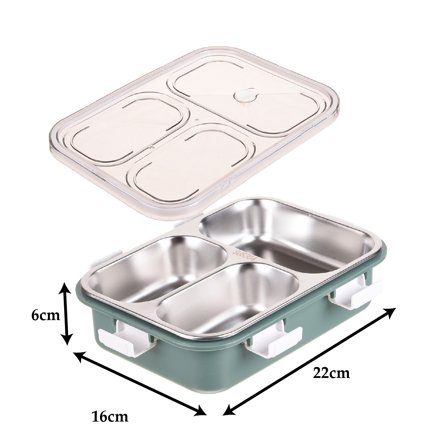 Kuber Industries Lunch Box | Stainless Steel 3 Compartments Lunch Box | Students Lunch Box | Office Lunch Box | Chopstick & Spoon | Leak-Proof Lunch Box | SUS304 | Green