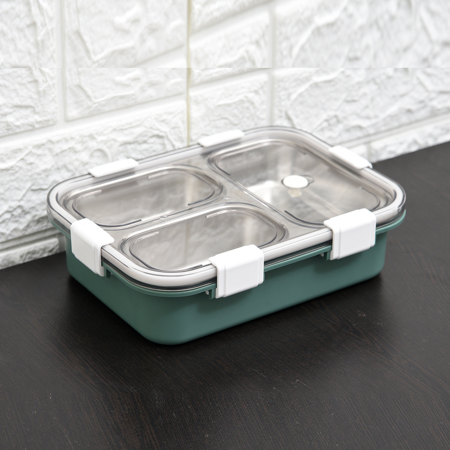 Kuber Industries Lunch Box | Stainless Steel 3 Compartments Lunch Box | Students Lunch Box | Office Lunch Box | Chopstick & Spoon | Leak-Proof Lunch Box | SUS304 | Green