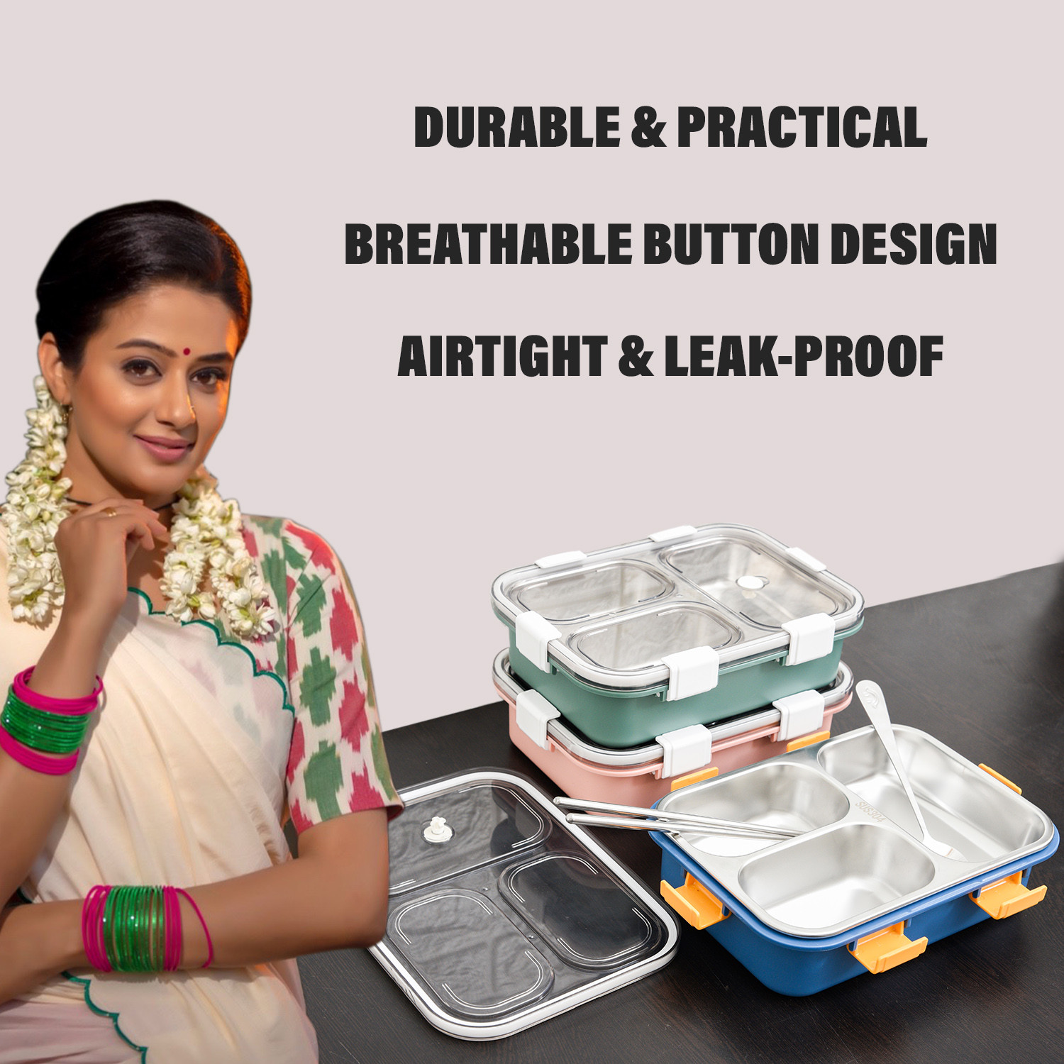 Kuber Industries Lunch Box | Stainless Steel 3 Compartments Lunch Box | Students Lunch Box | Office Lunch Box | Chopstick & Spoon | Leak-Proof Lunch Box | SUS304 | Green