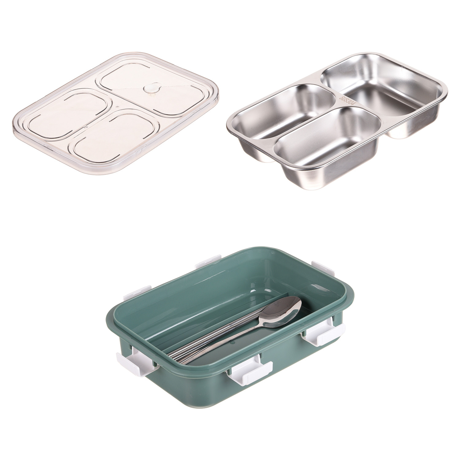 Kuber Industries Lunch Box | Stainless Steel 3 Compartments Lunch Box | Students Lunch Box | Office Lunch Box | Chopstick & Spoon | Leak-Proof Lunch Box | SUS304 | Green
