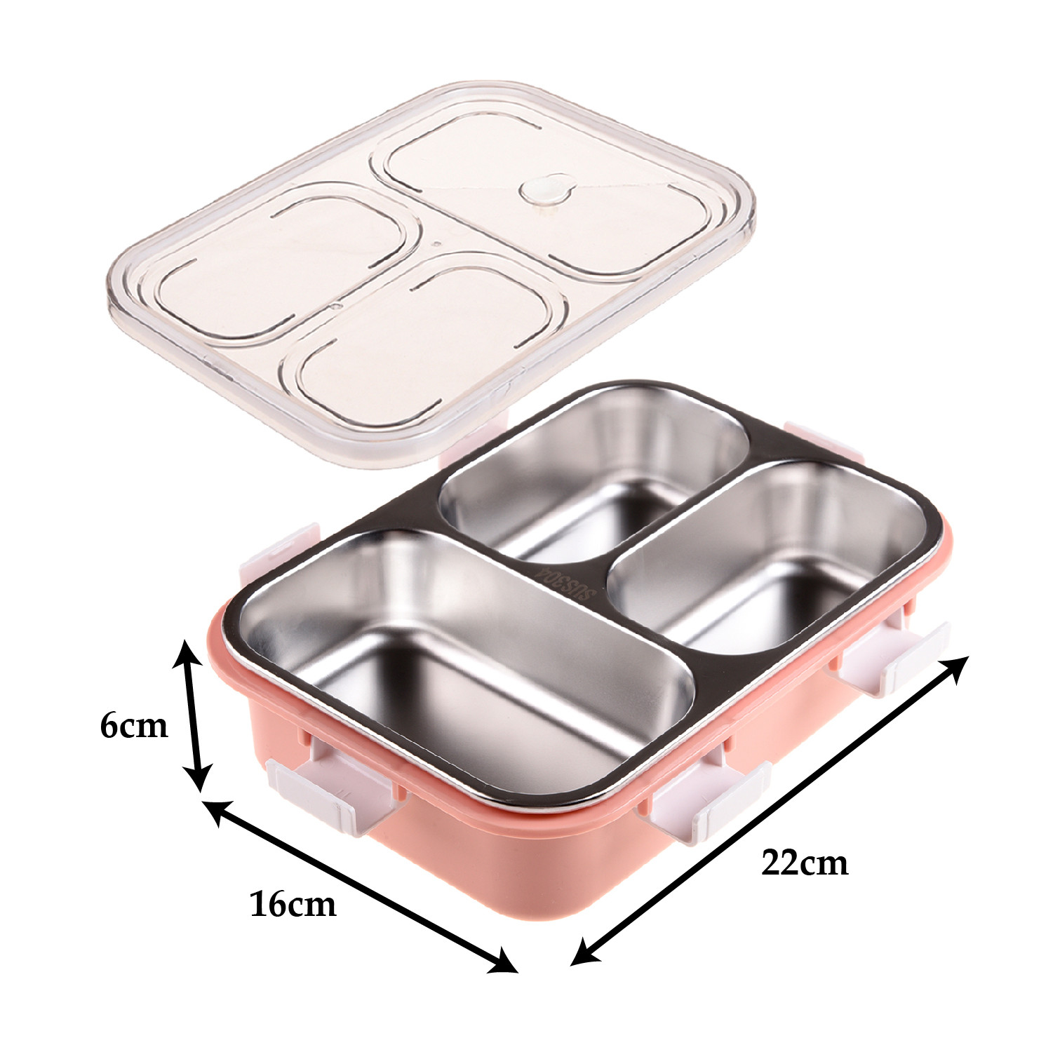 Kuber Industries Lunch Box  Stainless Steel 3 Compartments Lunch Box  Students Lunch Box  Office Lunch Box  Chopstick  Spoon  Leak-Proof Lunch Box  SUS304  Pink