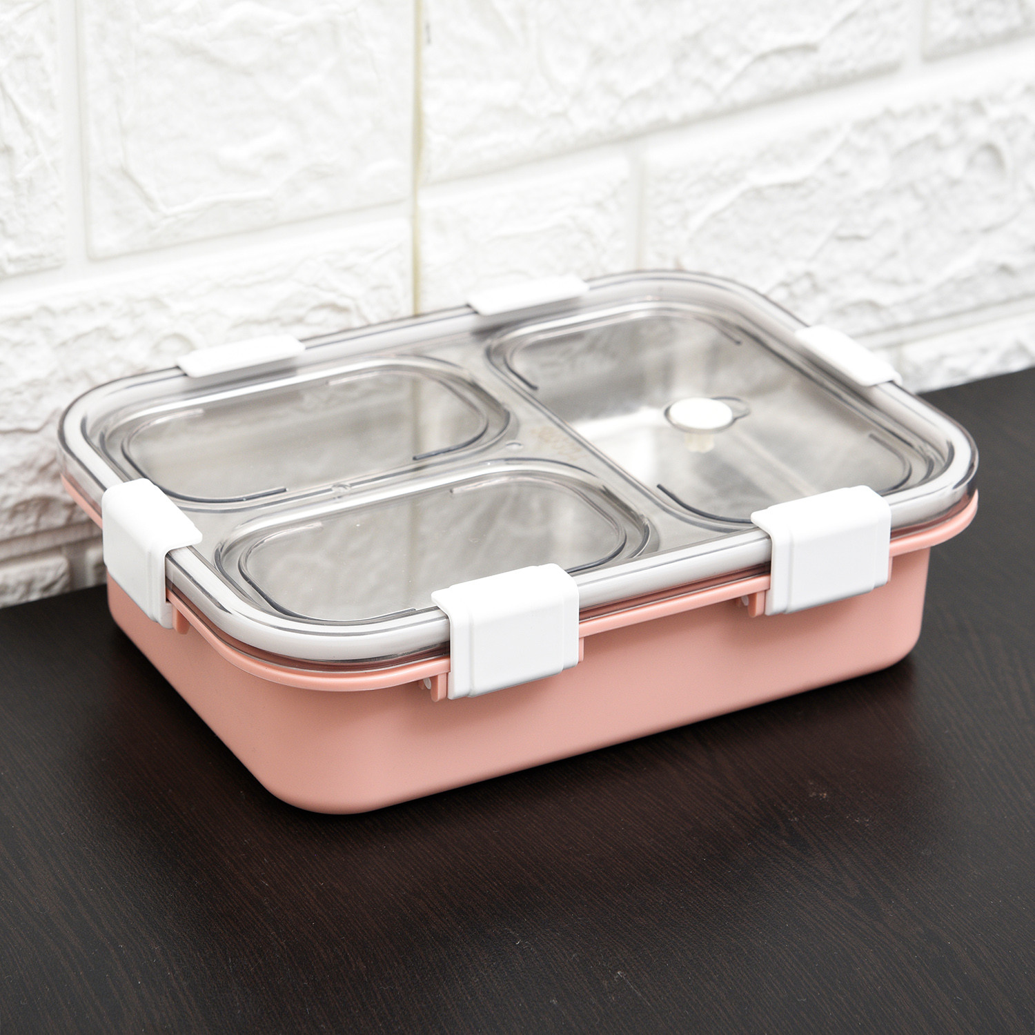 Kuber Industries Lunch Box  Stainless Steel 3 Compartments Lunch Box  Students Lunch Box  Office Lunch Box  Chopstick  Spoon  Leak-Proof Lunch Box  SUS304  Pink