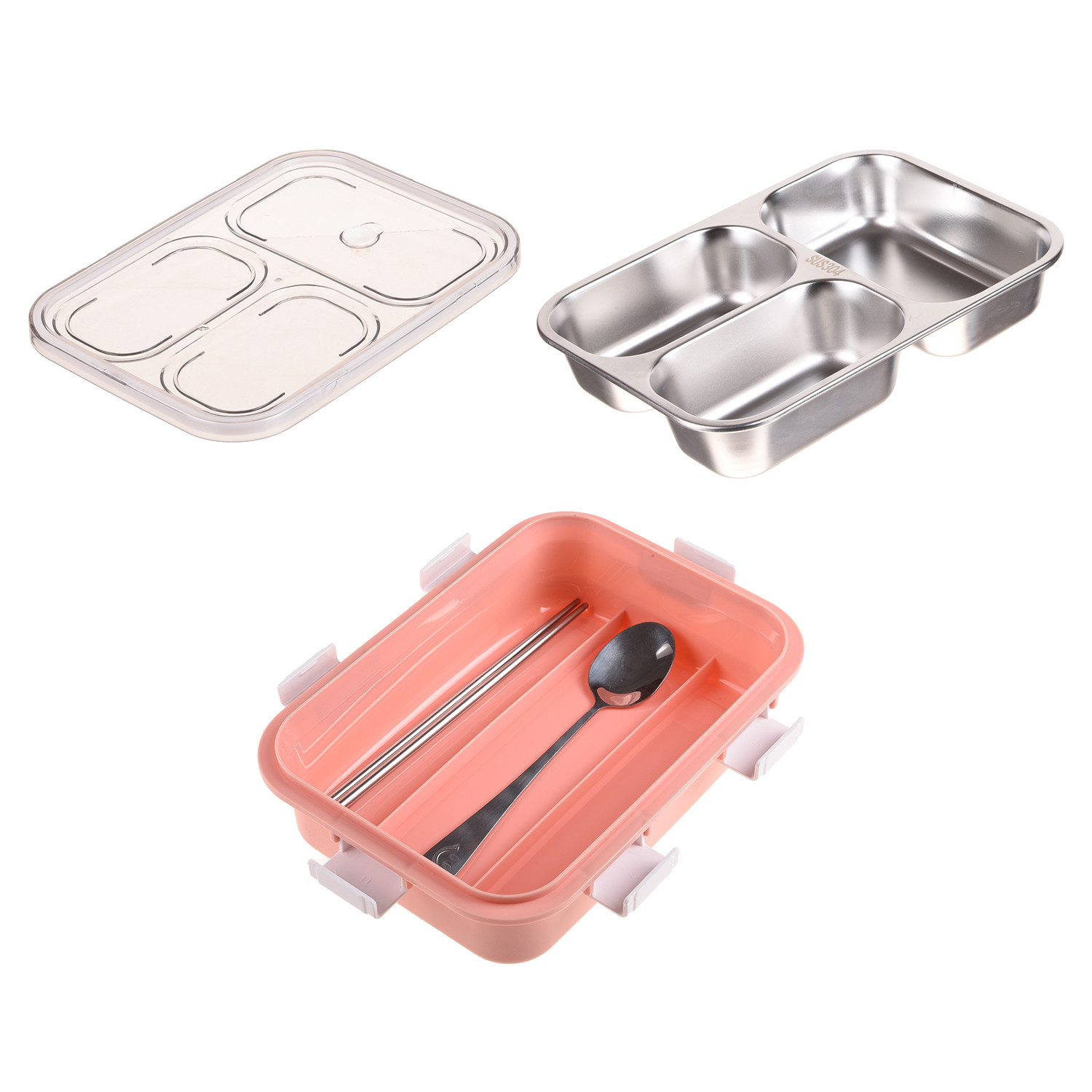 Kuber Industries Lunch Box  Stainless Steel 3 Compartments Lunch Box  Students Lunch Box  Office Lunch Box  Chopstick  Spoon  Leak-Proof Lunch Box  SUS304  Pink