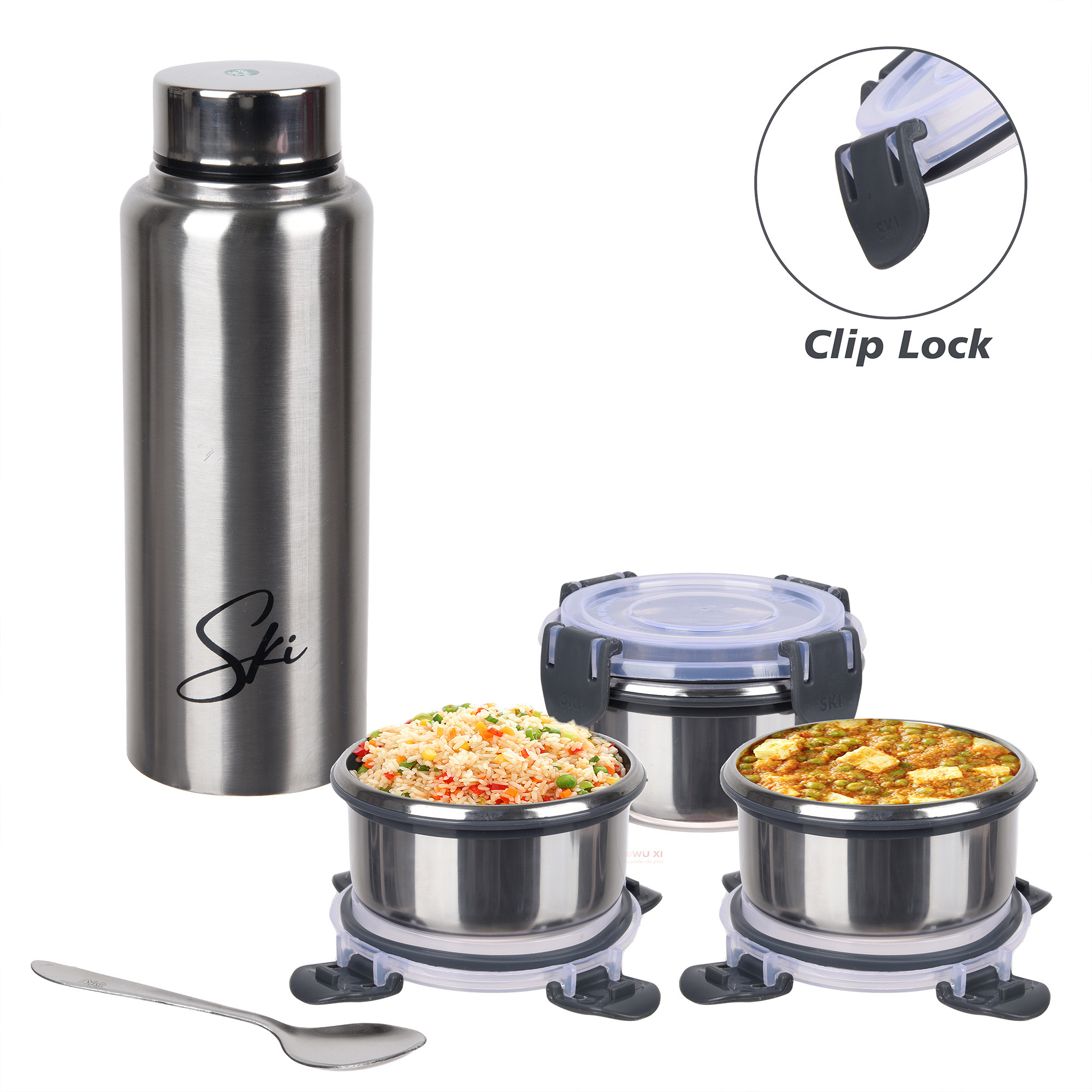 Kuber Industries Lunch Box Set  Lunch Box for Adult  Older Kids  3 Containers  Bottle Lunch Box Set  Lunch Box for office  Lunch Box for Collage  Clip Lock Lunch Set  Set of 6  Blue