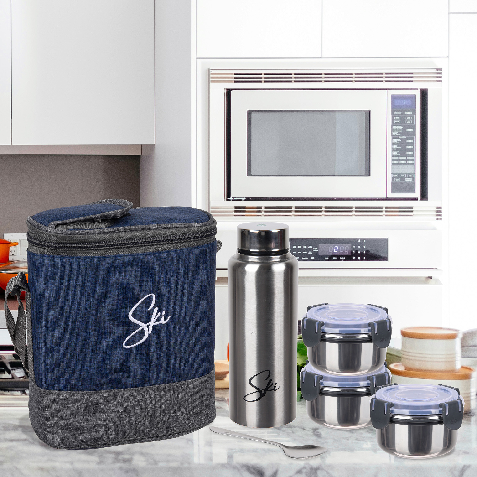 Kuber Industries Lunch Box Set  Lunch Box for Adult  Older Kids  3 Containers  Bottle Lunch Box Set  Lunch Box for office  Lunch Box for Collage  Clip Lock Lunch Set  Set of 6  Blue