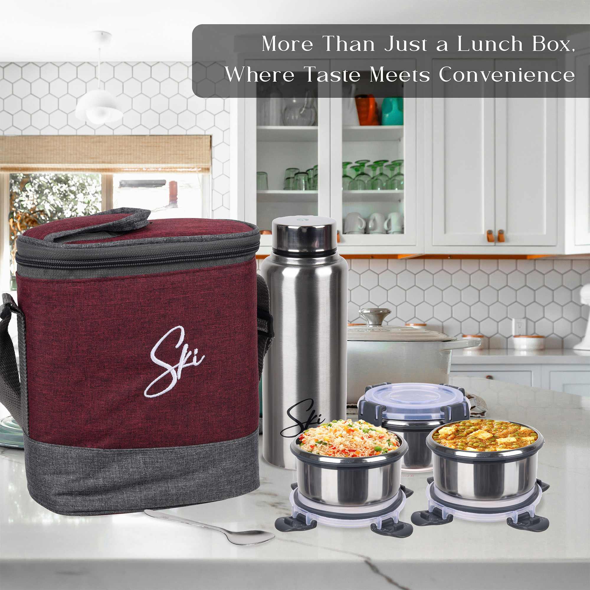 Kuber Industries Lunch Box Set  Lunch Box for Adult  Older Kids  3 Containers  Bottle Lunch Box Set  Lunch Box for office  Lunch Box for Collage  Clip Lock Lunch Set  Set of 6  Maroon