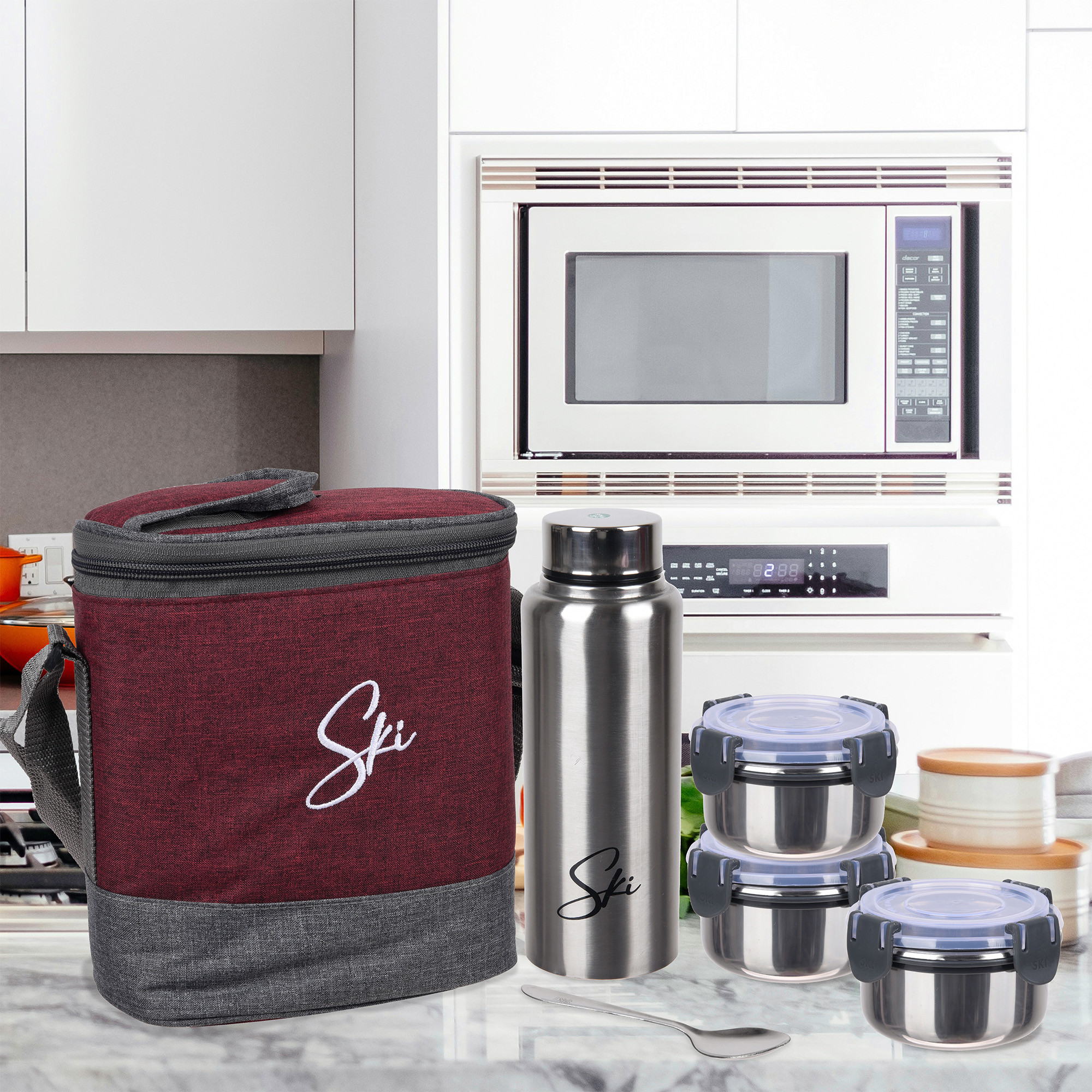 Kuber Industries Lunch Box Set  Lunch Box for Adult  Older Kids  3 Containers  Bottle Lunch Box Set  Lunch Box for office  Lunch Box for Collage  Clip Lock Lunch Set  Set of 6  Maroon