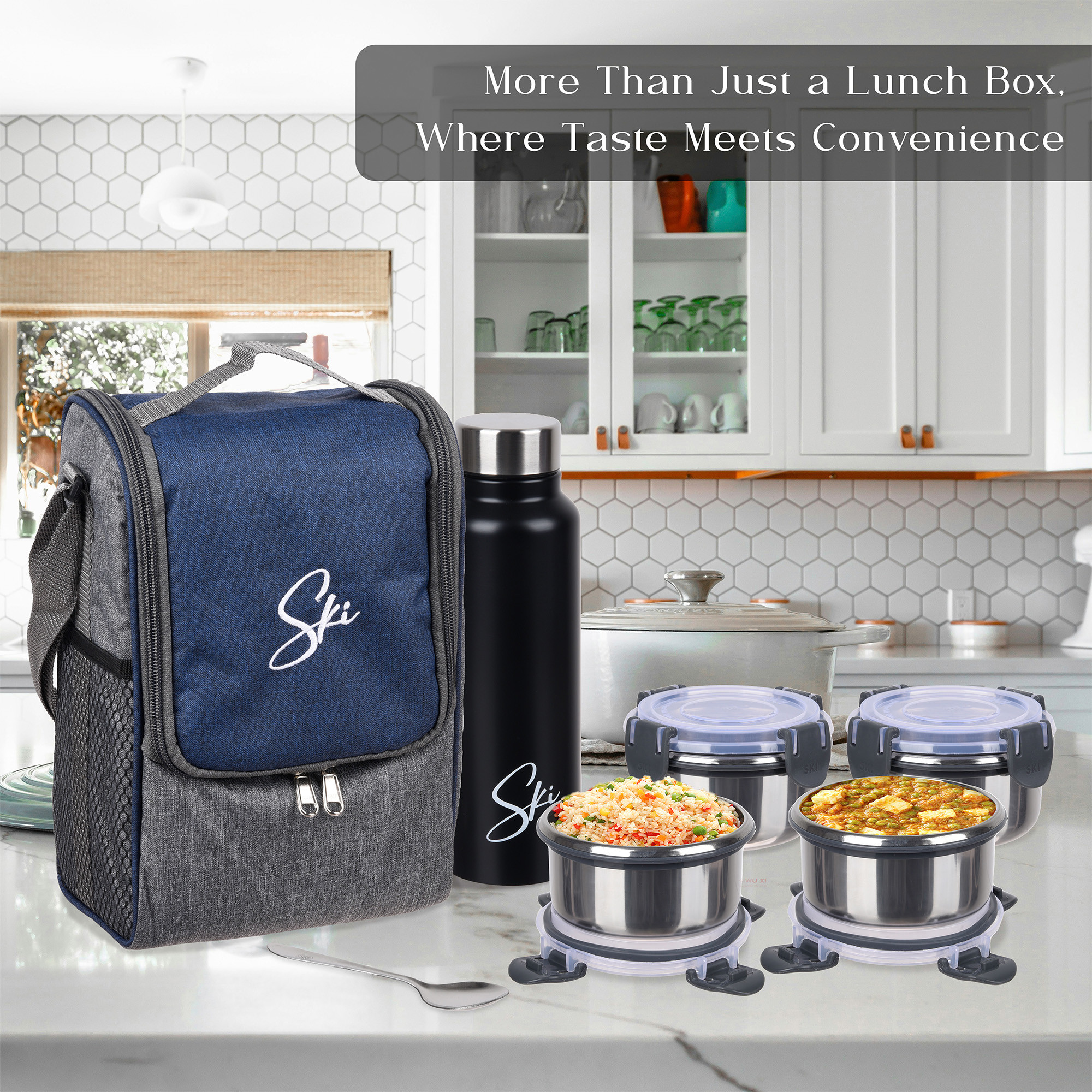 Kuber Industries Lunch Box Set  Lunch Box for Adult  Older Kids  4 Containers  Bottle Lunch Box Set  Lunch Box for office  Lunch Box for Collage  Clip Lock Lunch Set  Set of 7  Blue
