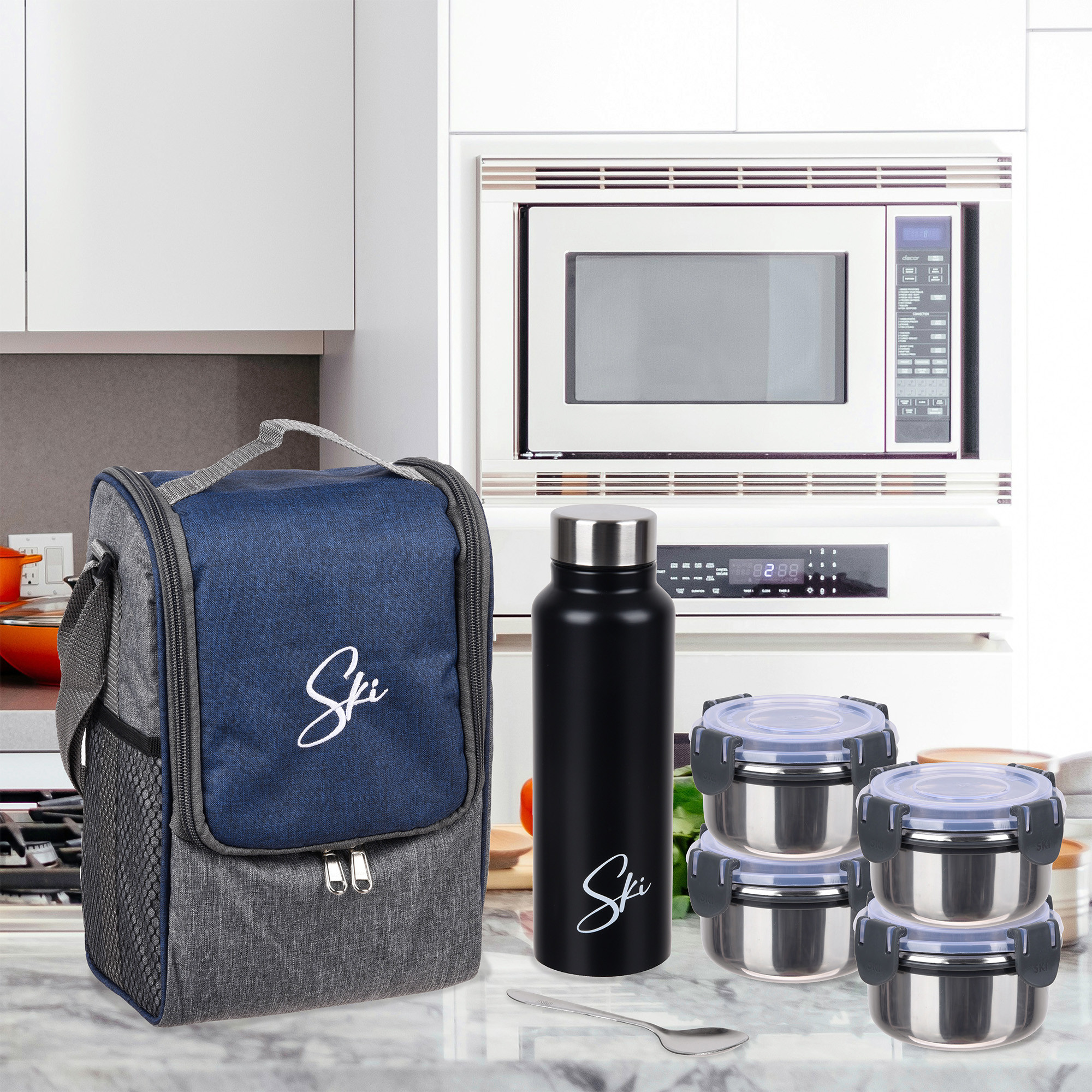 Kuber Industries Lunch Box Set  Lunch Box for Adult  Older Kids  4 Containers  Bottle Lunch Box Set  Lunch Box for office  Lunch Box for Collage  Clip Lock Lunch Set  Set of 7  Blue