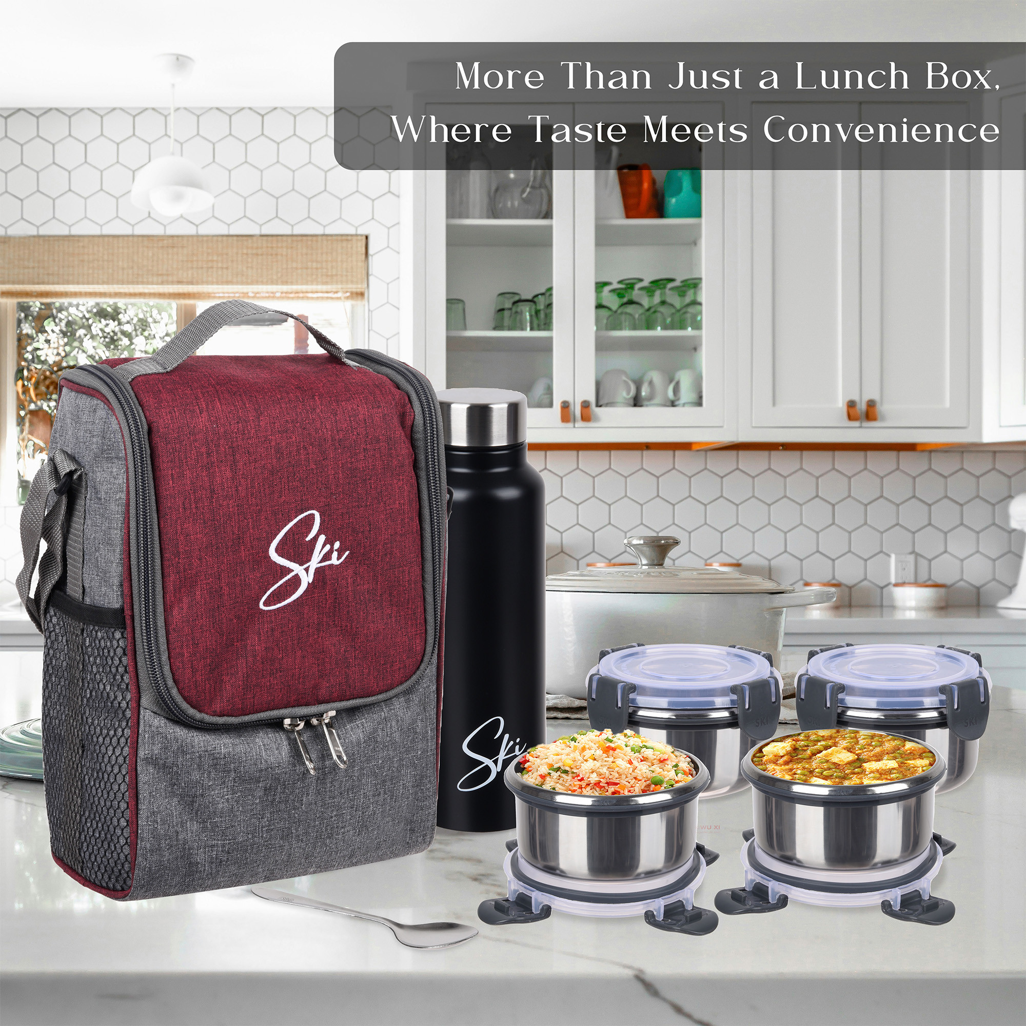 Kuber Industries Lunch Box Set  Lunch Box for Adult  Older Kids  4 Containers  Bottle Lunch Box Set  Lunch Box for office  Lunch Box for Collage  Clip Lock Lunch Set  Set of 7  Maroon