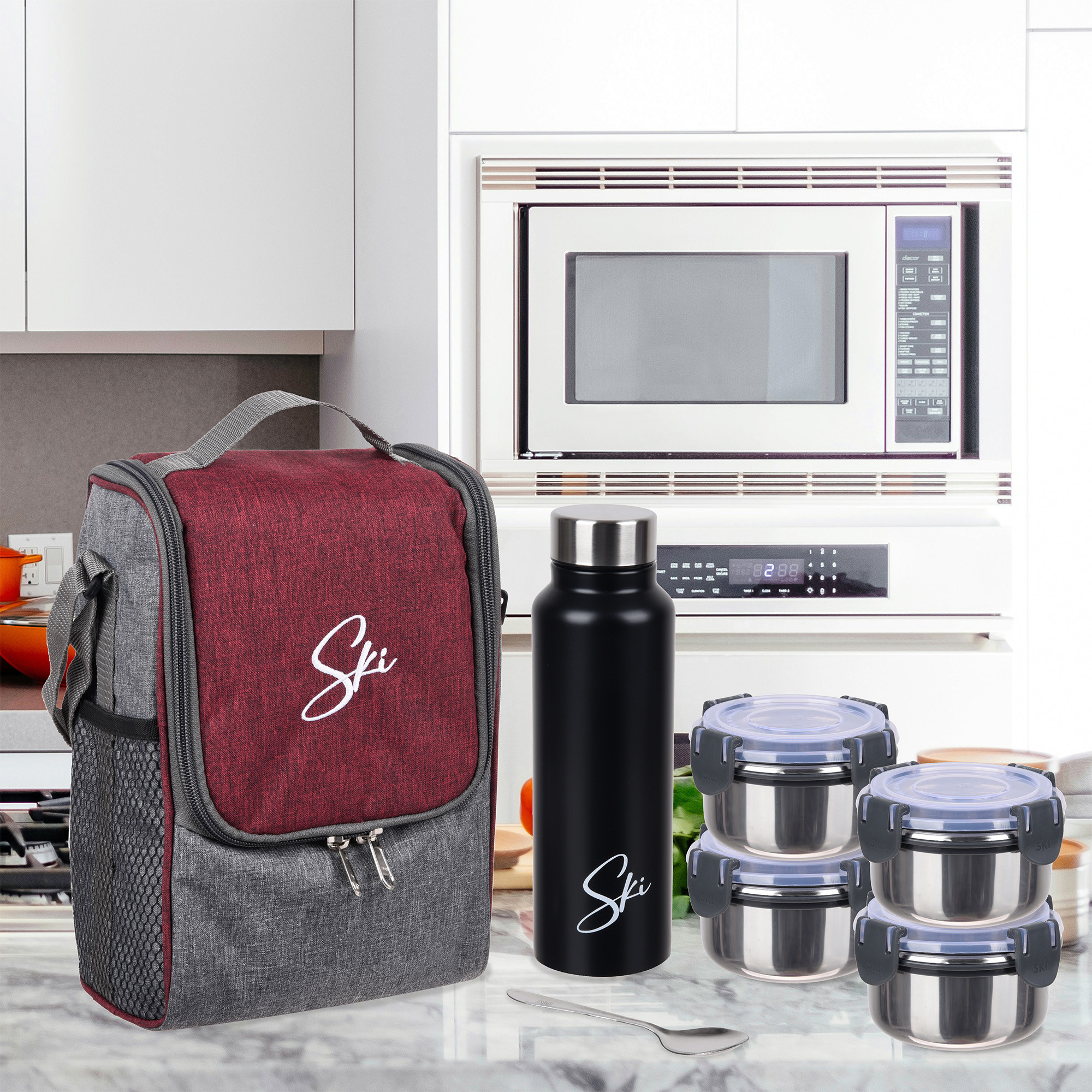 Kuber Industries Lunch Box Set  Lunch Box for Adult  Older Kids  4 Containers  Bottle Lunch Box Set  Lunch Box for office  Lunch Box for Collage  Clip Lock Lunch Set  Set of 7  Maroon