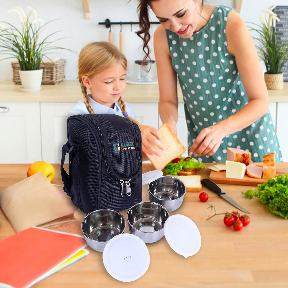 Kuber Industries Lunch Box|Canvas Leak Proof 3 Stainless Steel Insulated Containers Lunch Bag|Adjustable Straps Tiffin Box with Zipper Closure (Black)