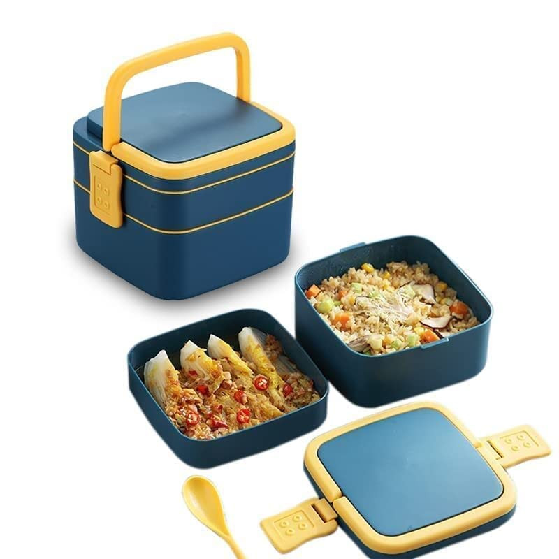 Kuber Industries Lunch Box|Unbreakable Plastic 2 Squre Containers Tiffin with Handle|Durable Lunch Box with (1000 ML)