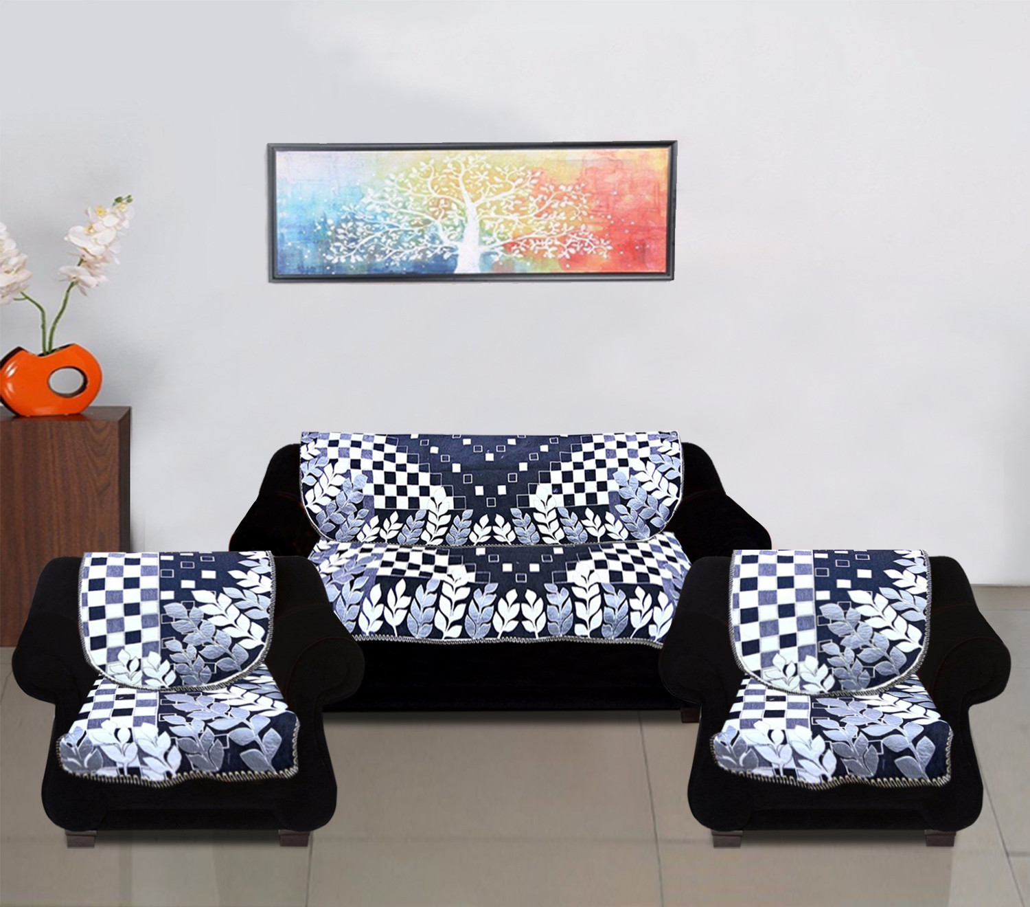 Kuber Industries Luxurious Cotton Check Design 5 Seater Sofa Cover Set for Living Room (Black)