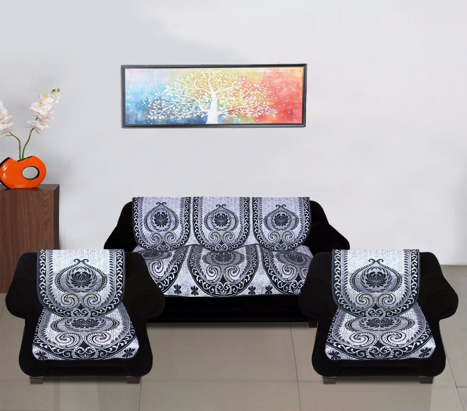 Kuber Industries Luxurious Cotton Damask Design 5 Seater Sofa Cover Set for Living Room (Black)