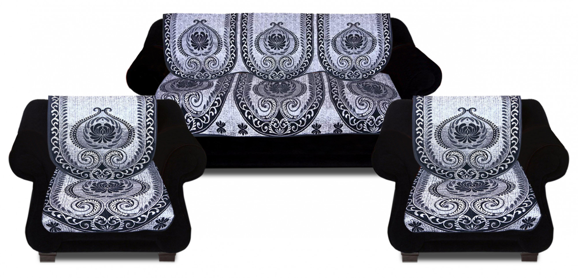 Kuber Industries Luxurious Cotton Damask Design 5 Seater Sofa Cover Set for Living Room (Black)