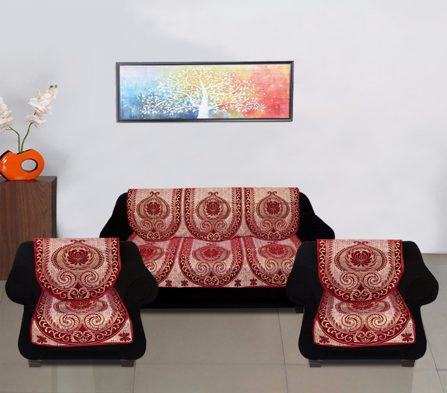 Kuber Industries Luxurious Cotton Damask Design 5 Seater Sofa Cover Set for Living Room (Red)