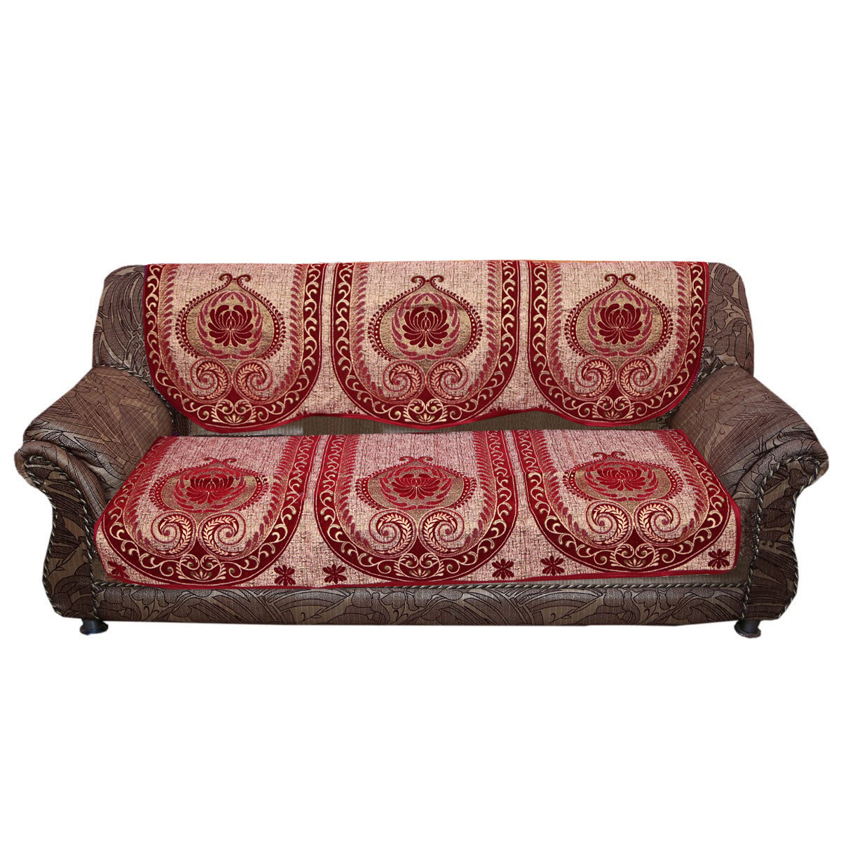Kuber Industries Luxurious Cotton Damask Design 5 Seater Sofa Cover Set for Living Room (Red)
