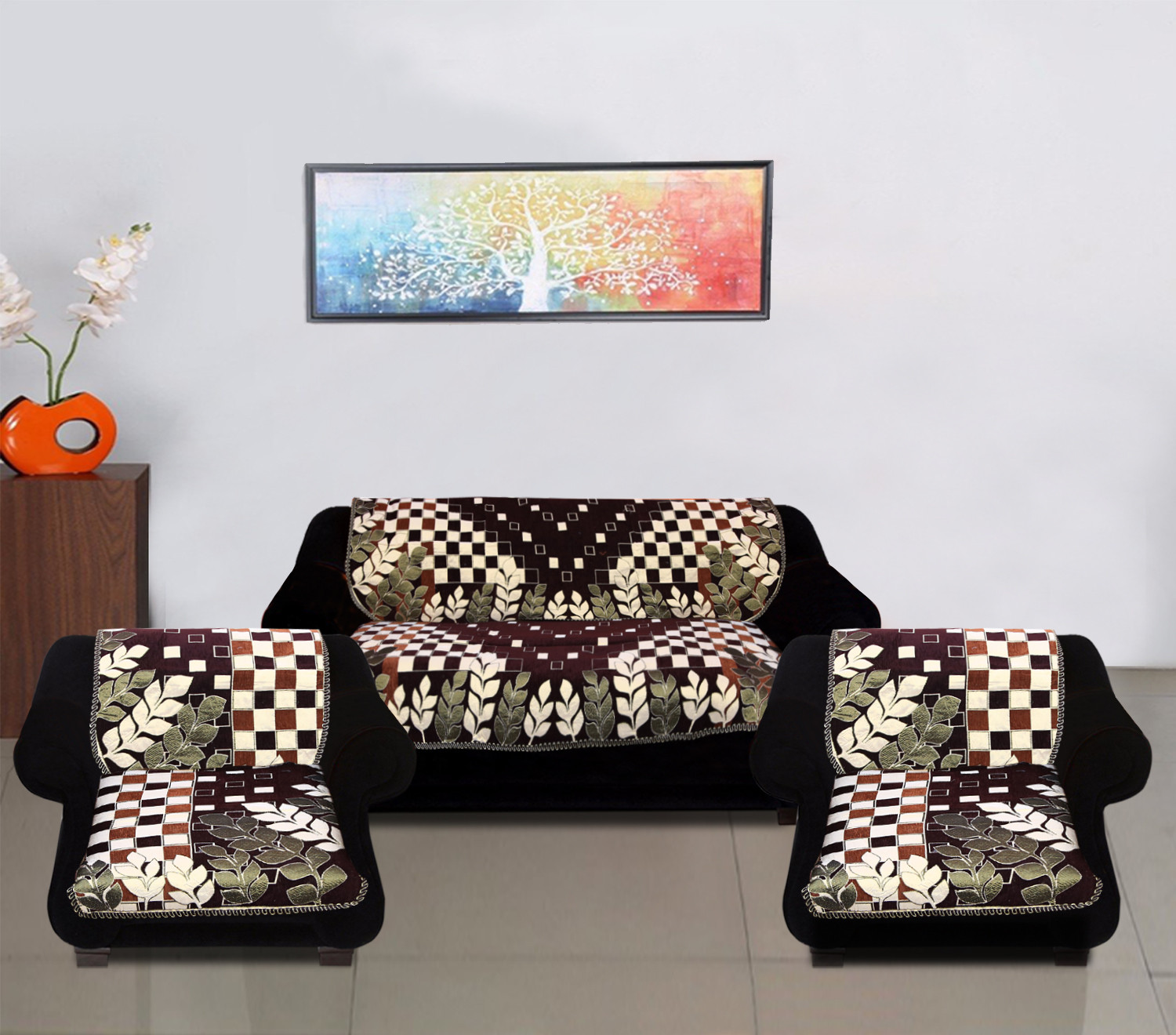 Kuber Industries Luxurious Cotton Floral Design 5 Seater Sofa Cover Set for Living Room (Brown)