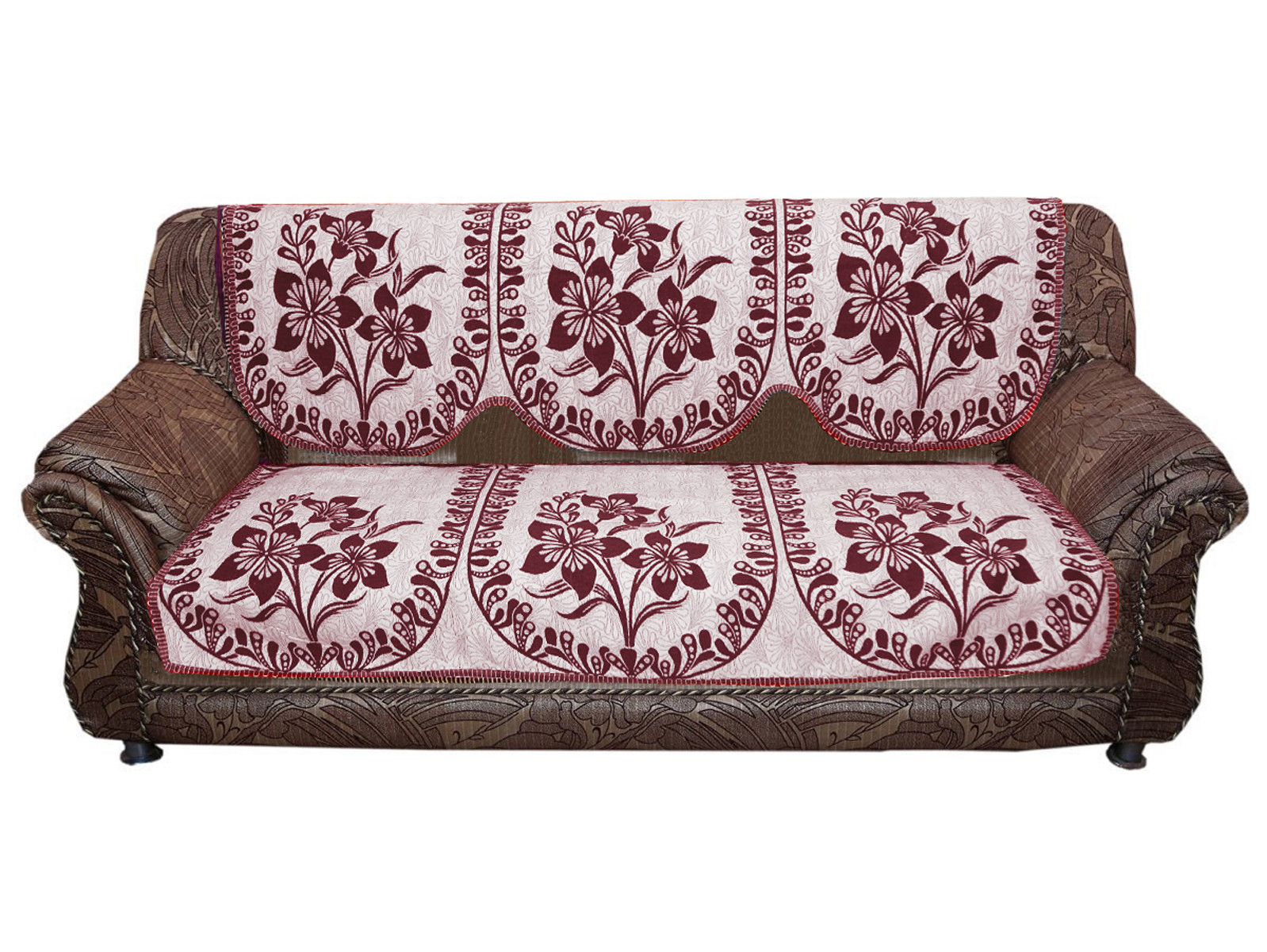 Kuber Industries Luxurious Cotton Floral Design 5 Seater Sofa Cover Set for Living Room (Maroon)