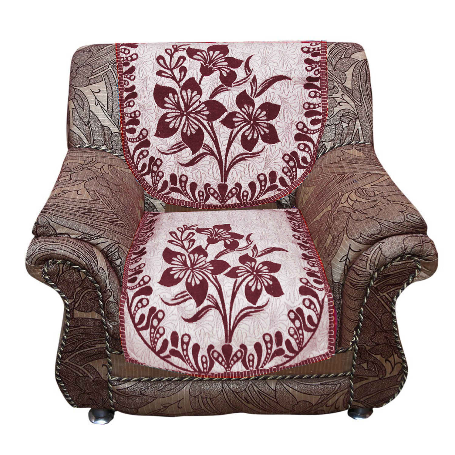 Kuber Industries Luxurious Cotton Floral Design 5 Seater Sofa Cover Set for Living Room (Maroon)