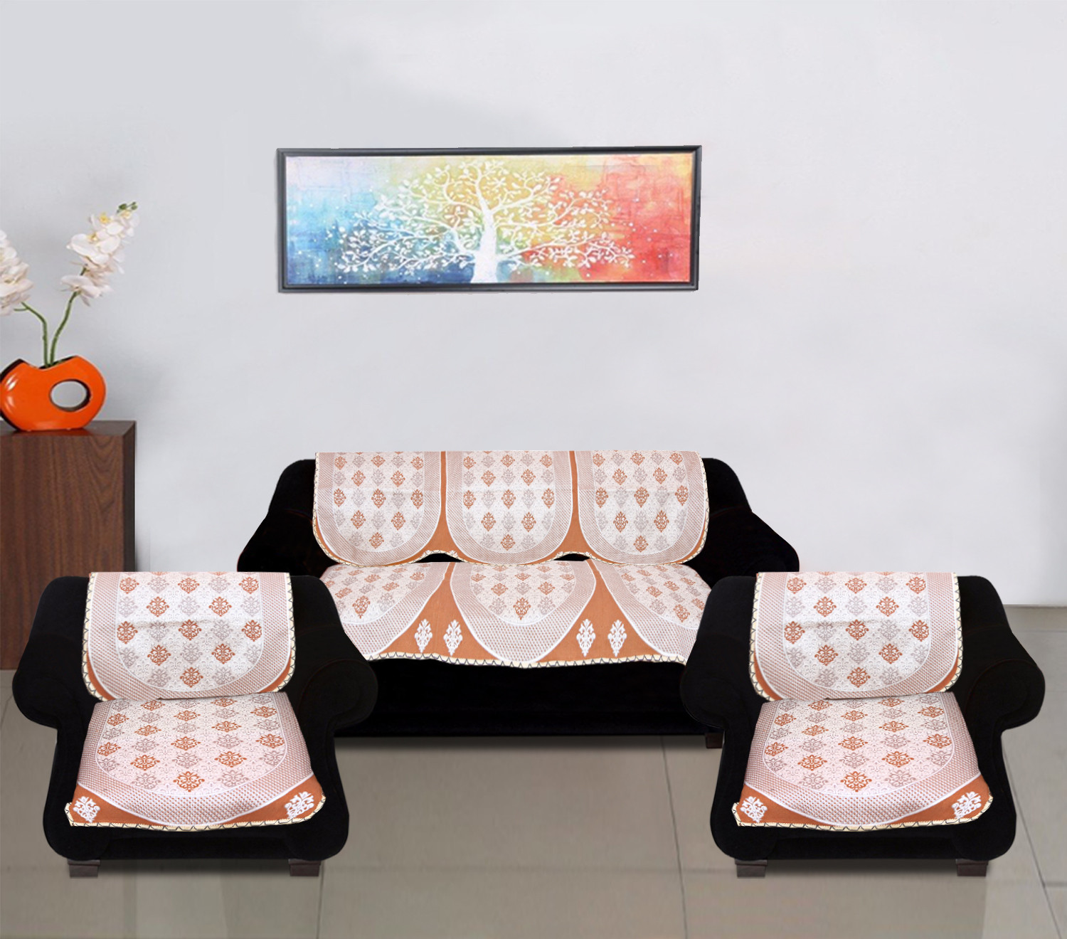 Kuber Industries Luxurious Cotton Floral Design 5 Seater Sofa Cover Set for Living Room (Orange)