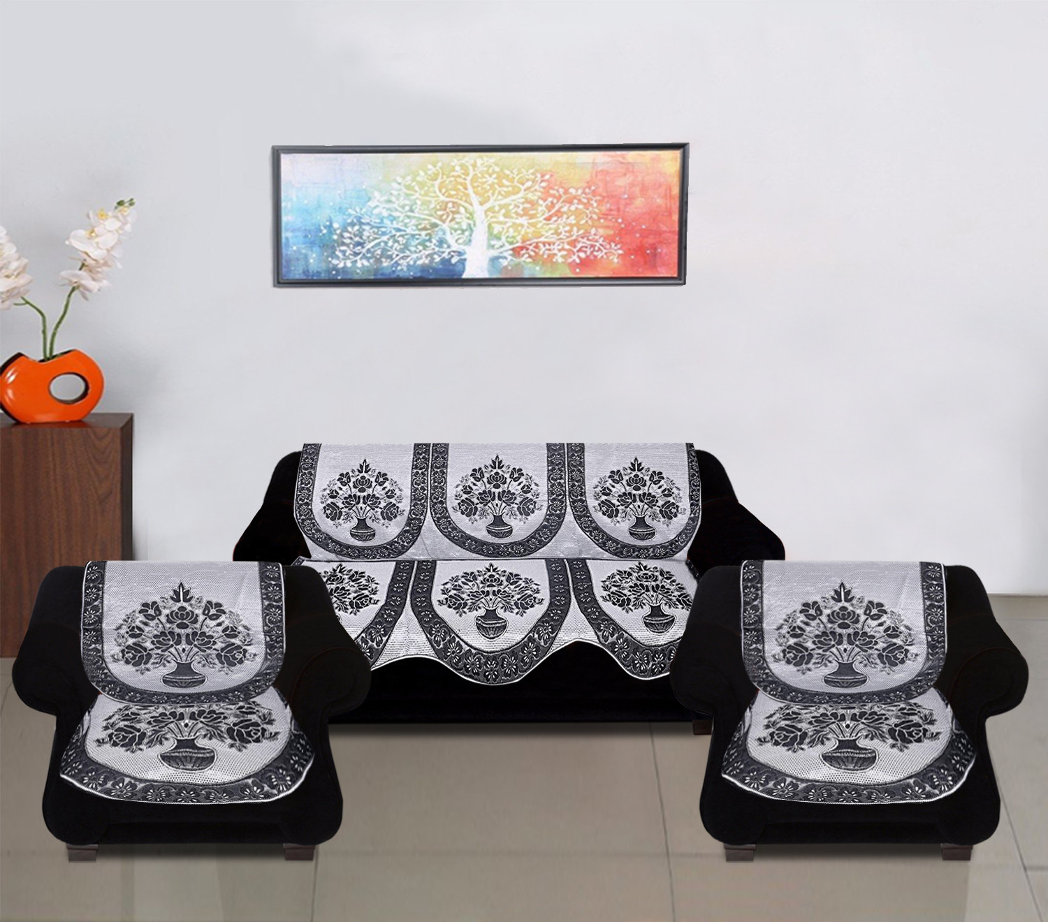 Kuber Industries Luxurious Cotton Flower Design 5 Seater Sofa Cover Set for Living Room (Black)
