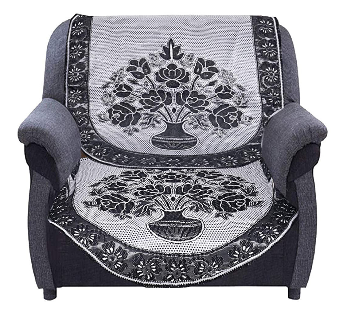 Kuber Industries Luxurious Cotton Flower Design 5 Seater Sofa Cover Set for Living Room (Black)