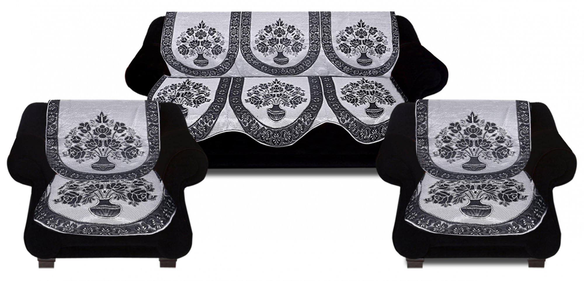 Kuber Industries Luxurious Cotton Flower Design 5 Seater Sofa Cover Set for Living Room (Black)