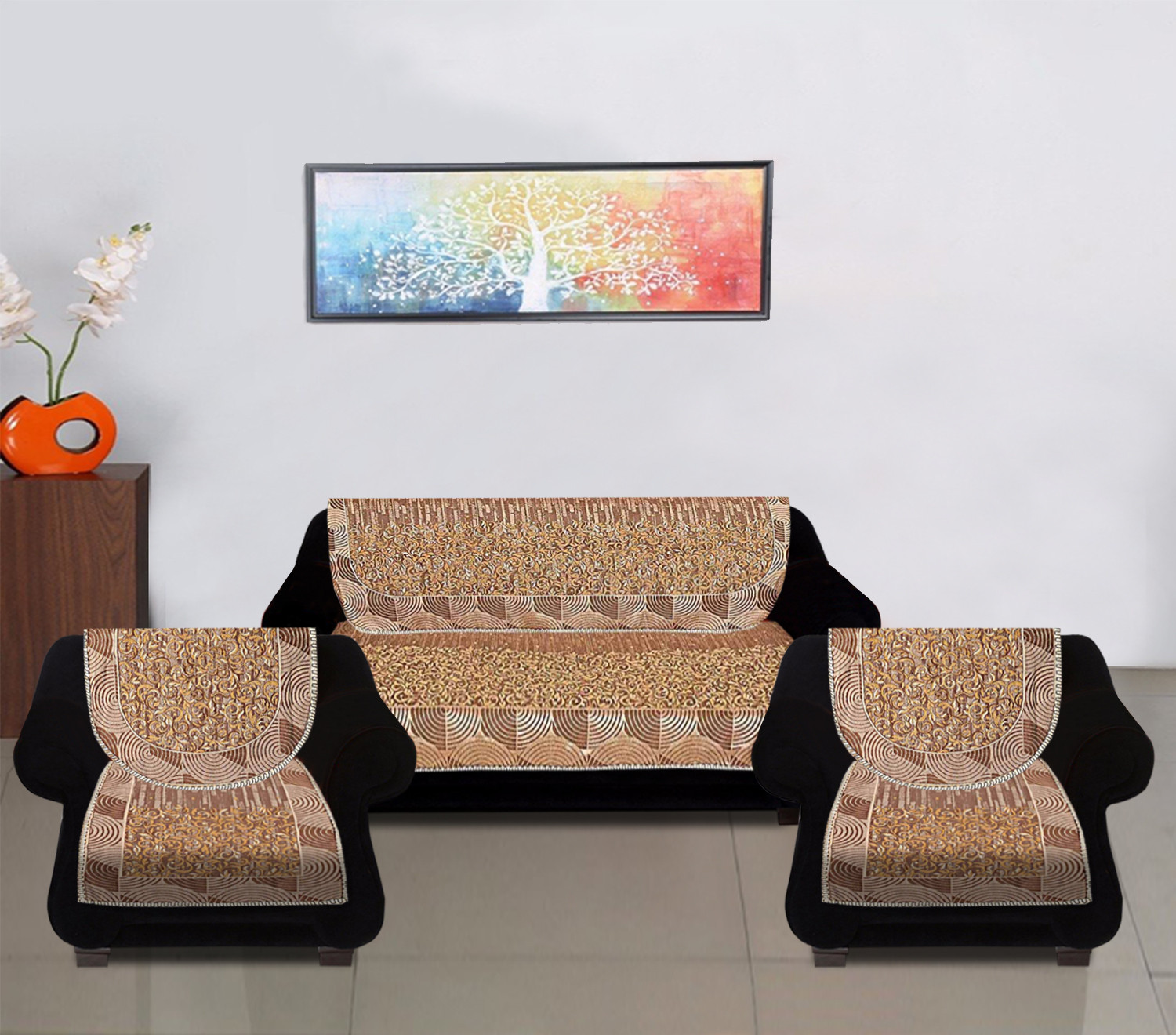 Kuber Industries Luxurious Cotton Flower Design 5 Seater Sofa Cover Set for Living Room (Cream)
