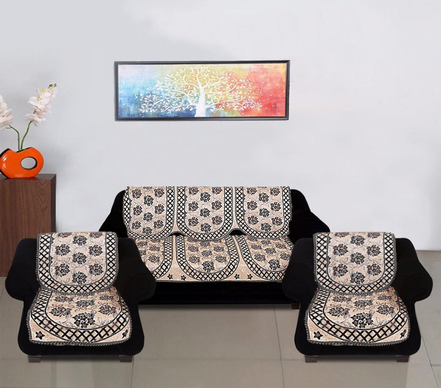 Kuber Industries Luxurious Cotton Flower Design 5 Seater Sofa Cover Set for Living Room (Gold)