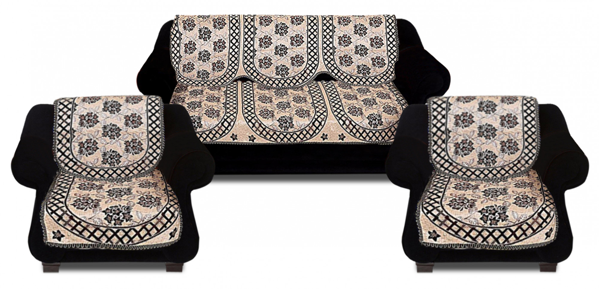 Kuber Industries Luxurious Cotton Flower Design 5 Seater Sofa Cover Set for Living Room (Gold)